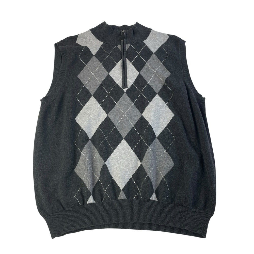 Walter Hagen Argyle Quarter Zip Sweater Vest Men's L Gray Golf Knit Cotton